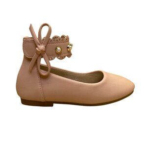 Pandaninjia Girls Blush Pink Faux Leather Pearl Ankle Strap Bow Flats Size 7